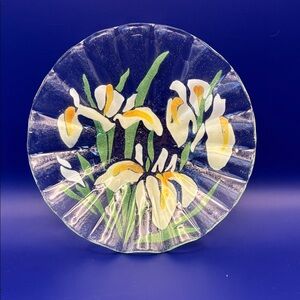 Sydenstricker Fused Art Glass Bowl Featuring White Irises and Ruffled Edges